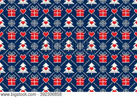 Winter Holiday Pixel Seamless Pattern With Christmas Symbols. Christmas Trees, Snowflakes, Present B