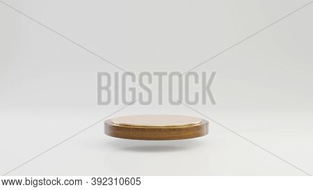 Levitating Round Wooden Podium With Gold Top Isolated On White Background. 3d Rendered Minimalistic 