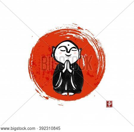 Ink Painting Of Praying Japanese Boddhisattva Jizo In Big Red Sun Circle. Traditional Japanese Ink W