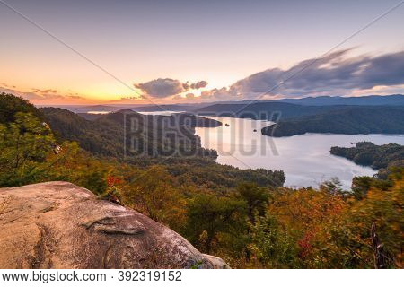 Lake Jocassee, South Carolina, USA in early autumn at sunset.