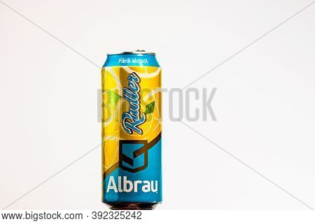 Albrau Radler Beer From Romanian Local Brewery Isolated. Detail Photo Of Beer Can In Bucharest, Roma