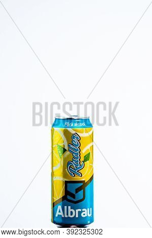 Albrau Radler Beer From Romanian Local Brewery Isolated. Detail Photo Of Beer Can In Bucharest, Roma