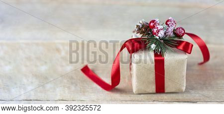 Christmas Festive Background. Christmas Background, Festive Christmas. Red Gift With A Red Ribbon. S