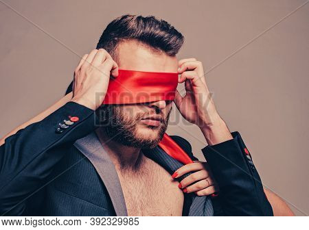 Awakening His Desire. Female Tease Guy. Macho Well Groomed Bearded Hipster Tied Eyes Red Ribbon. Sex