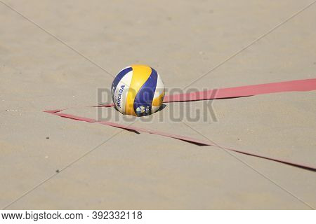 Izmir, Turkey - September 27, 2020: Mikasa Vls300 Is Official Ball Of U22 Beach Volleyball European 