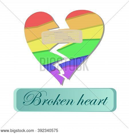 Broken Heart With Plaster Isolated On White Background. Simple Single Icon. Lgbt Style Heart Drawing