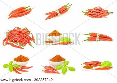 Collage Of Cayenne Pepper Isolated On A White Background