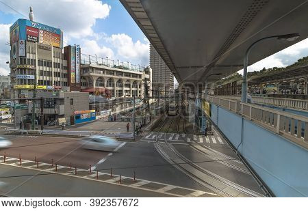 Tokyo, Japan - October 09 2018: Oji City Crossing Intersection In Front Of Jr Oji Station In Kita Di