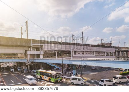 Tokyo, Japan - October 09 2018: Aerial View Of The Crossing Intersection In Front Of The Jr Oji Rail
