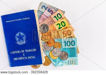 Brazil Work And Money Portfolio On White Background. Translation, Federative Republic Of Brazil, Min