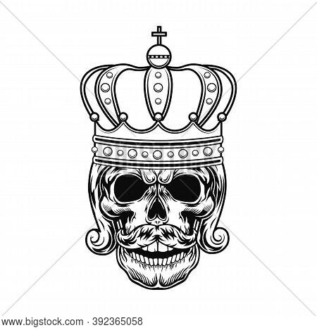 Skull Of Monarch Vector Illustration. Head Of King Or Tsar With Beard, Royal Hairdo And Crown. Autho