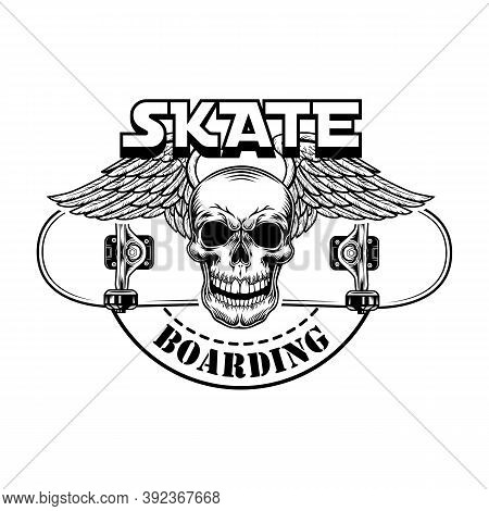Skateboarding Symbol Vector Illustration. Skull With Angel Wings, Boards Wheels And Text. Extreme Sp