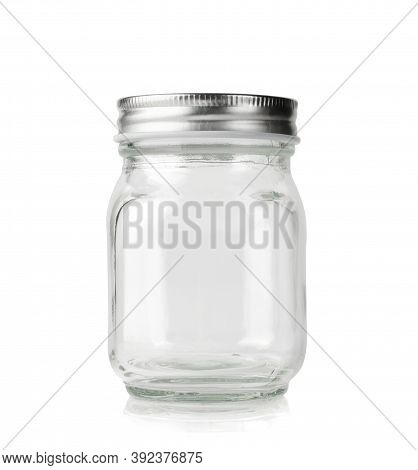 Empty Mason Jar With Silver Cap Isolated On White Background