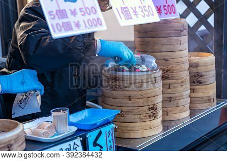 Kumamoto Prefecture, Japan - January 01 2020 : Kumamon Steamed Dumpling, A Local Food Sell In Sakura