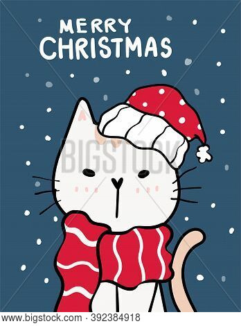 Merry Catmas, Christmas Greeting Card, Cute Naughty Cat With Santa Red Hat, Snow Falling In Deep Blu