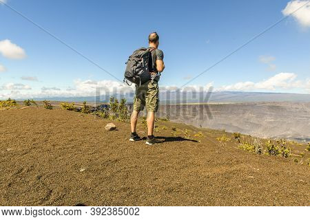 The Hawaii Volcano Tourist Man At Halemaumau Crater In Kilauea Caldera In Hawaii Volcanoes National 