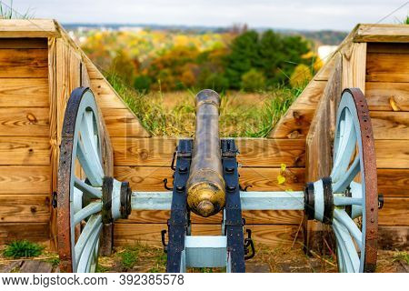 A Revoluationay War Era Cannon Looking Out From General Muhlenberg's Brigade Redoubt In Valley Forge