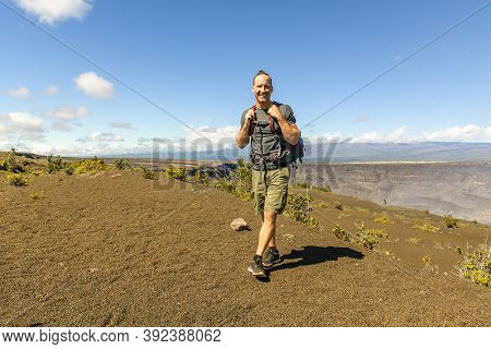 The Hawaii Volcano Tourist Man At Halemaumau Crater In Kilauea Caldera In Hawaii Volcanoes National 
