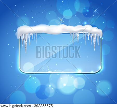 Rectangular Glass Pane Frame With Rounded Corners And Icicles On Top Realistic Image Blue Bubbles Ba