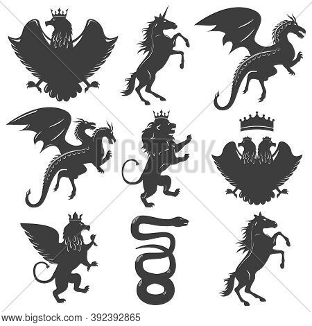 Heraldic Animals Decorative Graphic Icons Set With Horse Lion Dragon Snake Eagle Crown Unicorn Isola