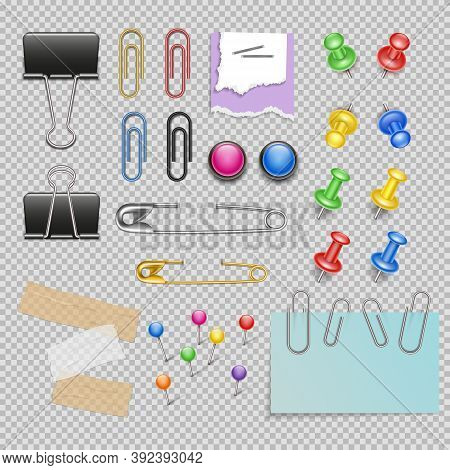 Office Accessories Set With Pins And Staples Note Paper And Clips Scotch And Magnets Isolated Vector