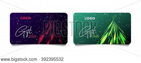 Set Of Promo Gift Cards Vouchers With Stylized Christmas Tree Made Of Sparkling Lights In Two Varian