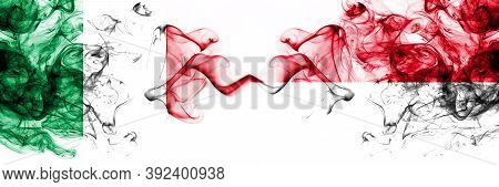 Italy Vs Monaco, Monacan Smoky Mystic Flags Placed Side By Side. Thick Colored Silky Abstract Smoke 