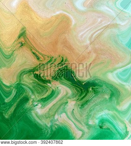 Abstract Paint Wave Strokes In Green And Gold Colour Combination Useful For Background Templates, Bo