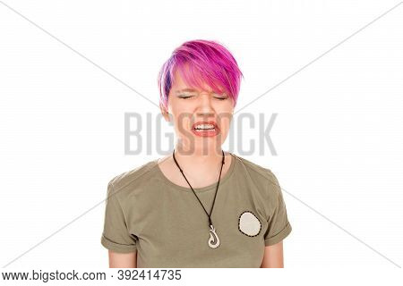 Desperate Coquette Woman Going To Cry, Has Sorrorful Expression, Regrets Her Actions, Makes Big Mist