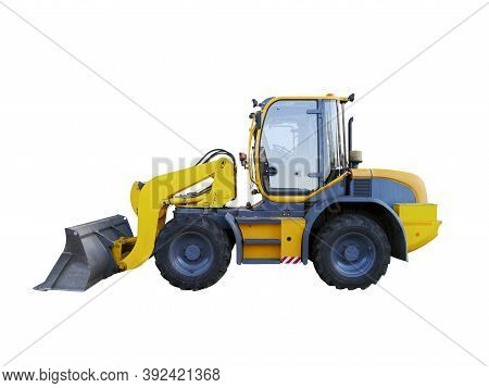 Yellow Wheel Loader Isolated On White. Yellow Front Loader. Loading Shovel. Industrial Vehicle. Pneu