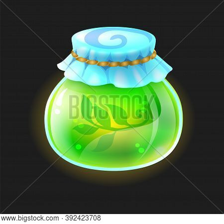 Potion Bottle. Round Form Phial With Green Liquid Balm From Magical Plant Ingredients. Cartoon Elixi