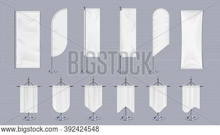 Blank Flag Mockup. Realistic Hanging Banners On Pole, Vertical Chrome Steel Exhibition Stand And Adv