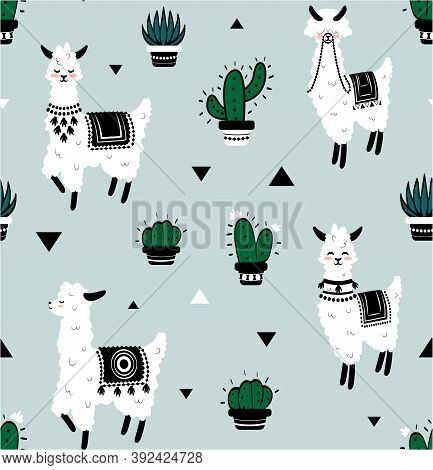Lama Pattern. Seamless Texture With Cute White Cartoon Alpaca, Cactus And Mountains, Funny Abstract 