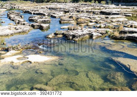 Impressive Rock Formation In The Ain River At Pont De Poitte Village , Jura In France