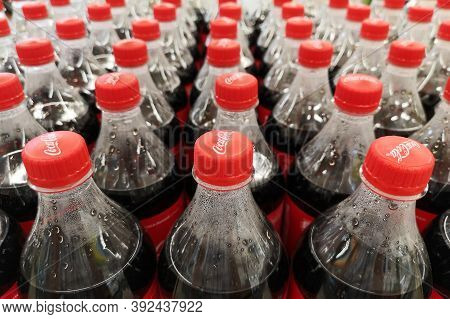 Zaporozhye Ukraine - July 20, 2018. Close Up Of Coca Cola Soft Drinks Bottles. Coca Cola Drinks Are 
