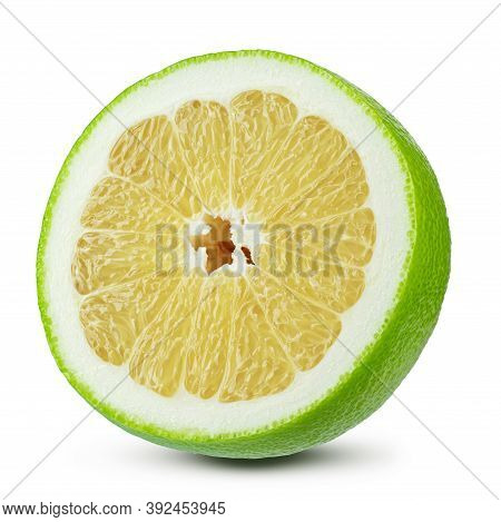 Half Citrus Sweetie Or Pomelit, Oroblanco Isolated On White Background Close-up. Field With Clipping