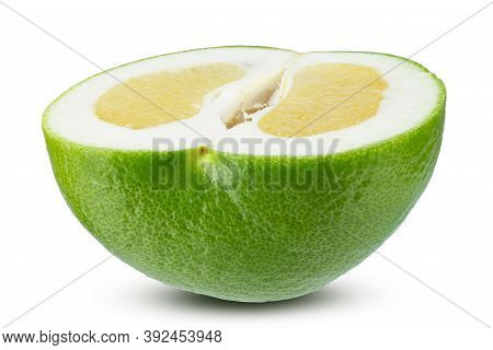 Half Citrus Sweetie Or Pomelit, Oroblanco Isolated On White Background Close-up. Field With Clipping