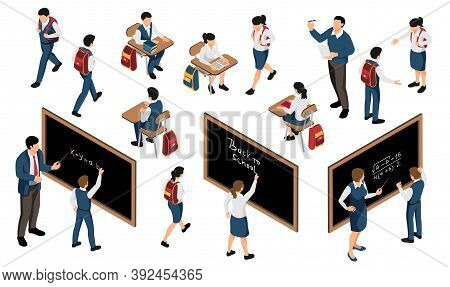Isometric School Set With Isolated Icons And Characters Of Teacher And Pupils At Classroom Desks Bla