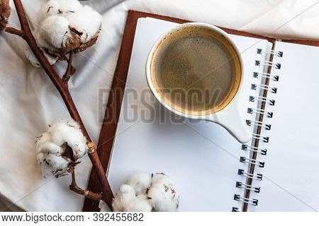 Coffee Mug With Croissant And Empty Notebook And Pencil For Business Plan And Design Ideas Onon Whit