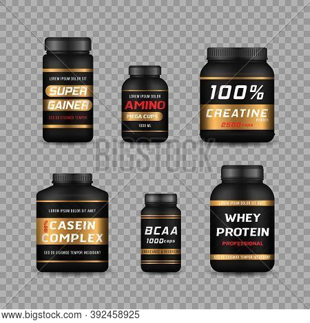 Sports Food Bottles And Low Sugar Protein Bars. Fitness Nutrition, Vitamins, L-carnitine, Casein Cap