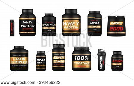 Sports Food Bottles And Low Sugar Protein Bars. Fitness Nutrition, Vitamins, L-carnitine, Casein Cap