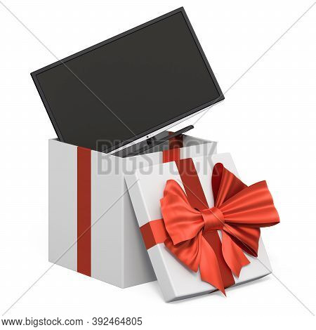 Modern Tv Set Inside Gift Box, Present Concept. 3d Rendering Isolated On White Background
