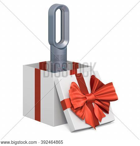 Bladeless Air Fan Inside Gift Box, Present Concept. 3d Rendering Isolated On White Background