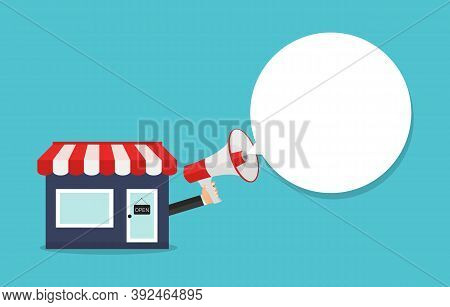 Small Business Mouthpiece. Shop And Hand With Megaphone Concept. Vector Illustration