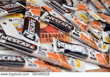 Many Nescafe Caramel Cream Coffee Sticks. Nescafe Is A Brand Of Coffee Made By Nestle, Swiss Multina