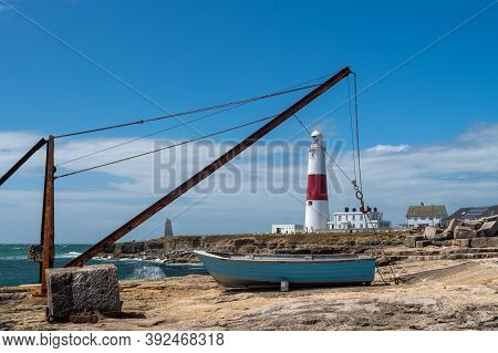 Landscape Photo Of Red Crane And Portland Bill Lighthouse On The Isle Of Portland In Dorset