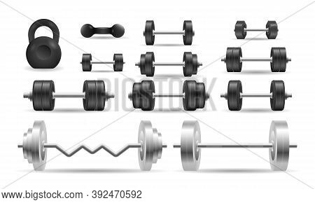 Metal 3d Black Dumbell Isolated On White Background. Vector Vintage Set Icons Of Barbell, Dumbbell. 
