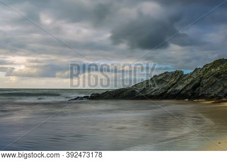 Serantes Beach Landscape With Rocks And Sea Water In Asturias, Spain