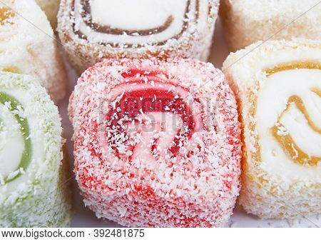 Oriental Sweets, Rahat Lucum On A White Background. Beautiful Background.