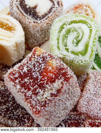Oriental Sweets, Multicolored Rachate Lucum. Beautiful Background.